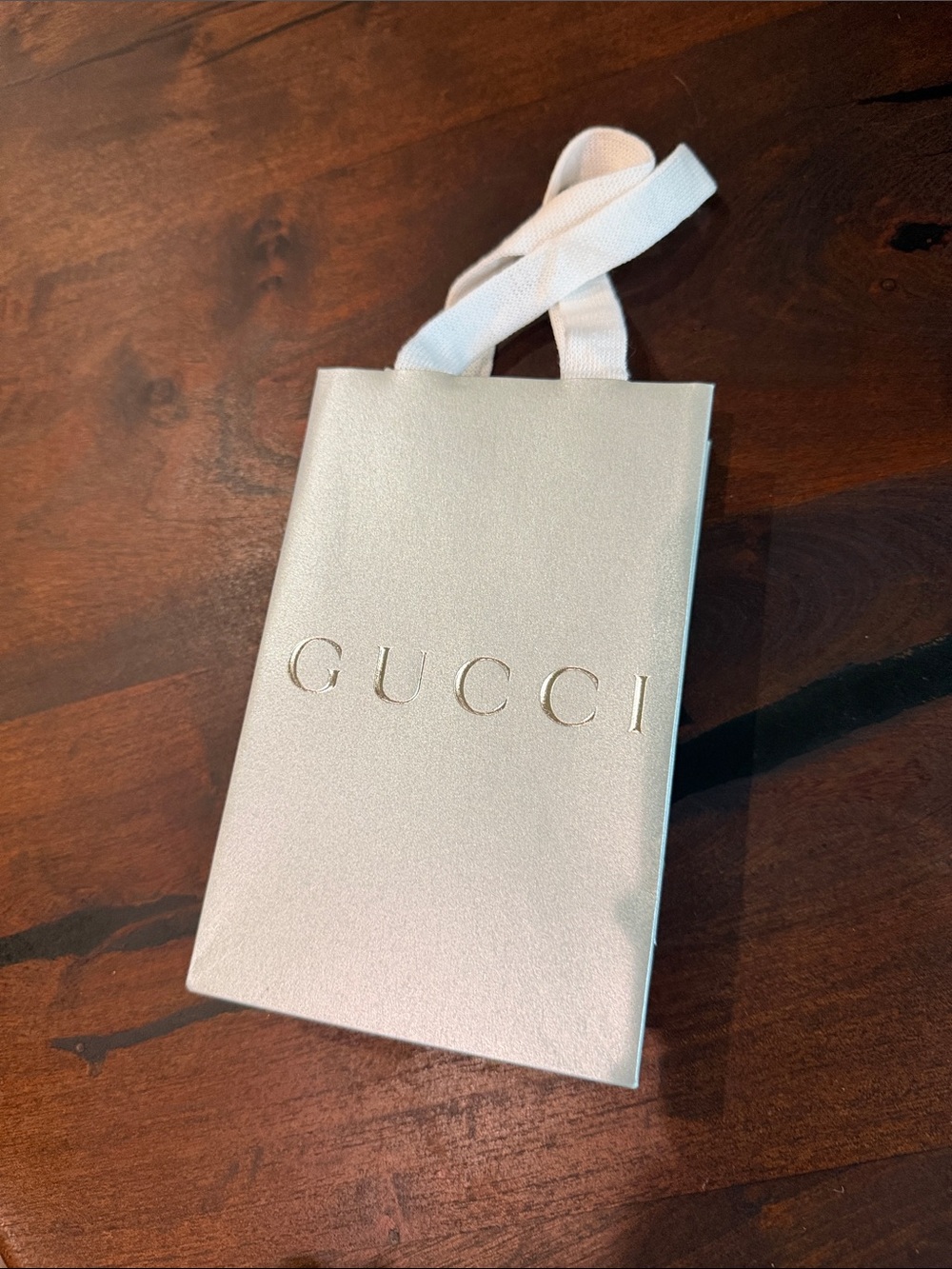 Gucci Silver Metallic Gift Bag with White Ribbon Handles